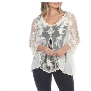 NEW Simply Couture Sheer Long Sleeve Crochet Mesh Top Women's L 3339